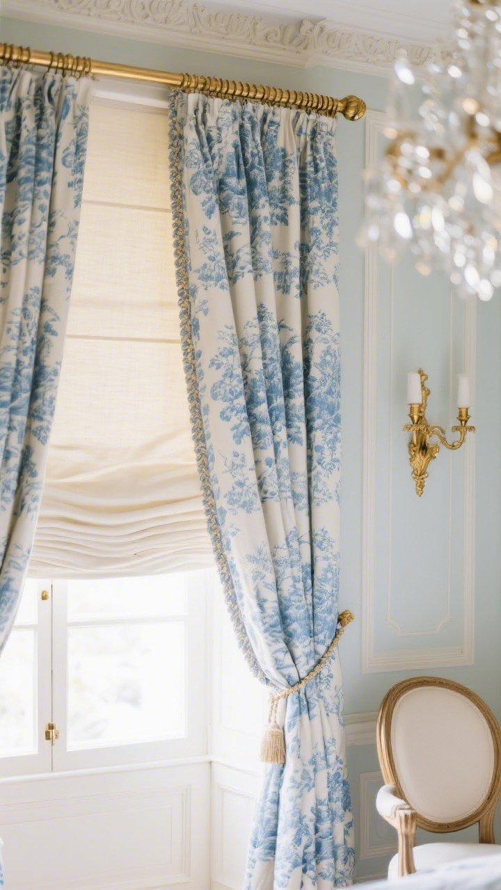 Photorealistic detail closeup of Parisian classic textiles and hardware: blue-and-ivory patterned toile curtain panel with generous pleat and subtle trim layered over a creamy linen Roman shade; slim gilded rod with petite finials; soft daylight glinting off nearby gilded sconce and hint of delicate crystal chandelier bokeh; a glimpse of crown molding and the edge of an oval-backed Louis-style chair; palette of ivory, French blue, and soft gold; elegant, timeless mood, no people