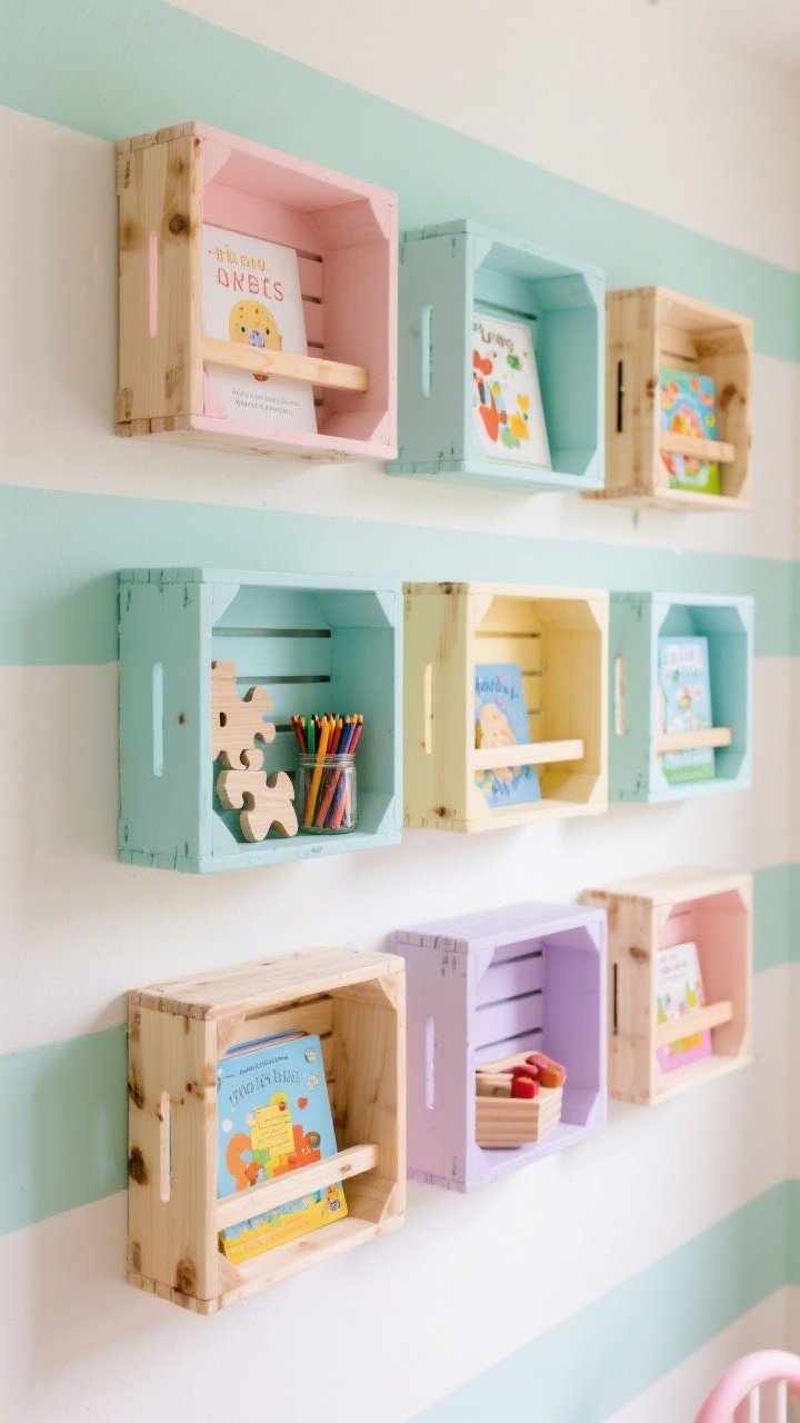 Photorealistic detail/closeup, playful kid’s room wall: clustered stained pine crate shelves arranged like a gallery wall over a horizontal mint accent stripe; each crate interior painted a different pastel—blush, sky, butter, lavender, seafoam; picture books facing out, wooden puzzles, a jar of crayons; visible rounded edges and secure anchoring to studs; soft daylight, pastel-forward palette with natural pine; shallow depth of field highlighting textures and cheerful colors.