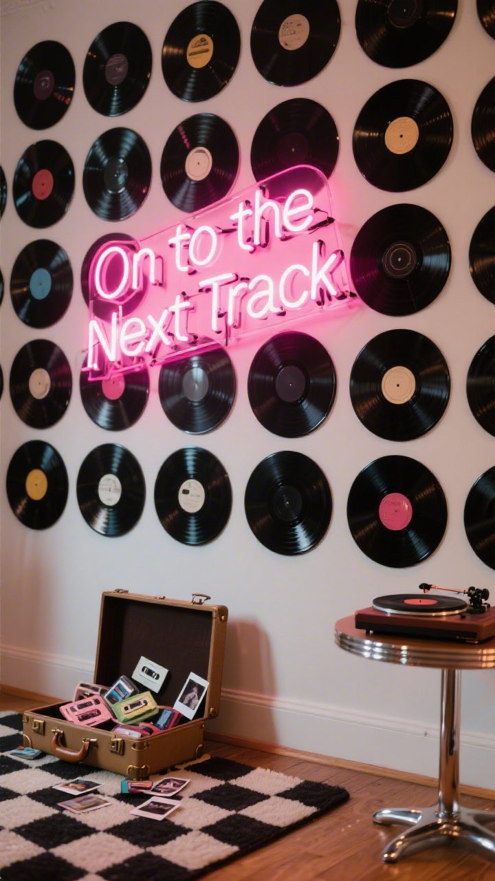 Photorealistic detail/closeup, slightly off-center angle: a vinyl record wall where glossy black records form a playful grid; a hot pink neon sign reading “On to the Next Track” layered over the records and angled slightly to reduce glare; lower edge of the frame shows a checkerboard mat; a vintage suitcase propped open with Polaroids and cassette tapes spilling out; a glint of a mid-century side table with a mini record player prop; neon glow reflecting subtly on the lacquered wood and record surfaces; high-contrast lighting with neon accent, no people.