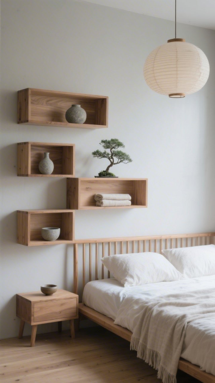 Photorealistic detail closeup, straight-on composition of staggered ash wood box shelves arranged in an asymmetrical grid over a low oak bed with a slatted headboard partially visible: shelves minimally styled with three stone vases, a tea bowl, a small bonsai, and a neatly folded linen throw; backdrop walls in soft greige with pale oak flooring blur; matte, natural textiles—unbleached linen and cotton gauze—subtly in frame; soft, diffused daylight and a faint glimpse of a paper lantern pendant above; minimal, tactile, restful Japandi mood; no people.
