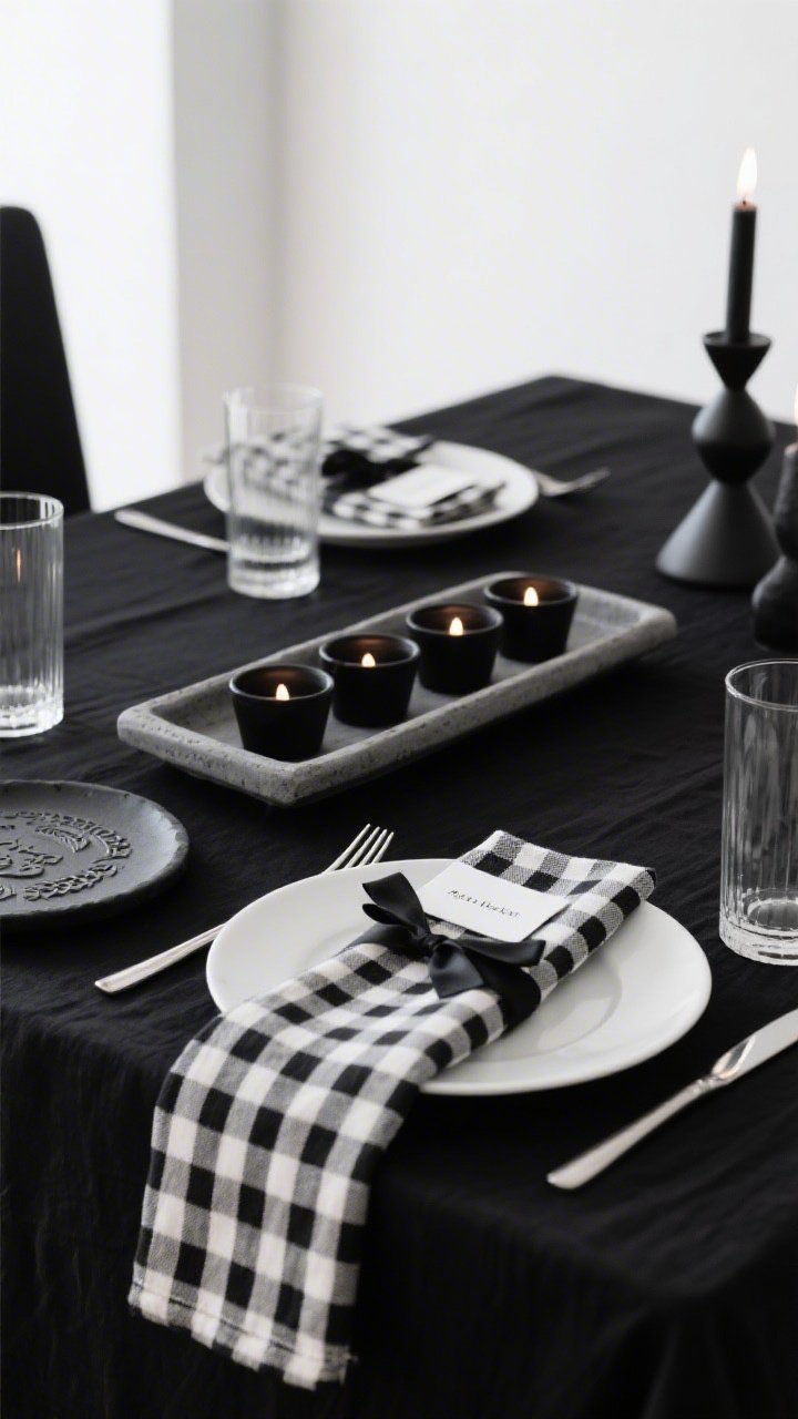 Photorealistic detail closeup, straight-on, of black-and-white minimalism with graphic textiles: a black tablecloth anchors matte-black stoneware dinner plates under crisp white salad plates, with black-and-white patterned napkins (micro checks or thin stripes) folded into sharp rectangles. A graphite ceramic tray runs center-frame holding a grid of low black tealight cups glowing like a constellation. A sculptural modern Seder plate in black slate sits adjacent. Clear cylinder glasses for water and wine keep the silhouette pure. Slim white name tags are tied to flatware with black satin ribbon. Palette: black, white, charcoal, clear. Moody, soft candlelight with crisp contrast; no people.