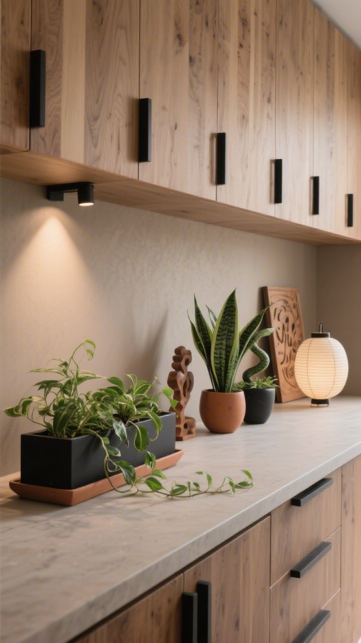 Photorealistic detail closeup, straight-on, of the above-cabinet ledge in a Japandi kitchen: flat-front oak cabinets with matte black hardware beneath a calm putty-taupe wall. On the narrow ledge sit low-profile rectangular planters in matte black and warm clay, filled with architectural plants—trailing pothos draping elegantly, upright zz plants, and snake plants. Interspersed are minimal carved wood sculptures and a paper lantern-inspired vase, emphasizing negative space and sculptural silhouettes. Slim uplights create evening drama with gentle upward shadows. Color story: oak, charcoal, ecru, leafy green. Sparse, intentional, serene.