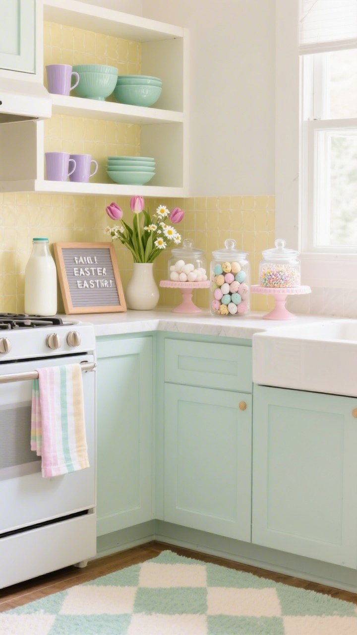 Photorealistic detail/closeup, three-quarter angle of a kitchen pastel pantry vignette: open shelves with the back lined in pale yellow peel-and-stick wallpaper; mint bowls, lavender mugs, blush cake stands neatly displayed; countertop grouping of three clear glass canisters filled with speckled eggs, marshmallows, and pastel sprinkles; a milk-bottle floral arrangement with tulips and chamomile; striped pastel tea towel draped over the oven handle; mini letter board with a cheeky Easter pun in frame; checkerboard rug in cream and mint peeking at the floor edge; bright, fresh natural light for a cheerful, lived-in feel.