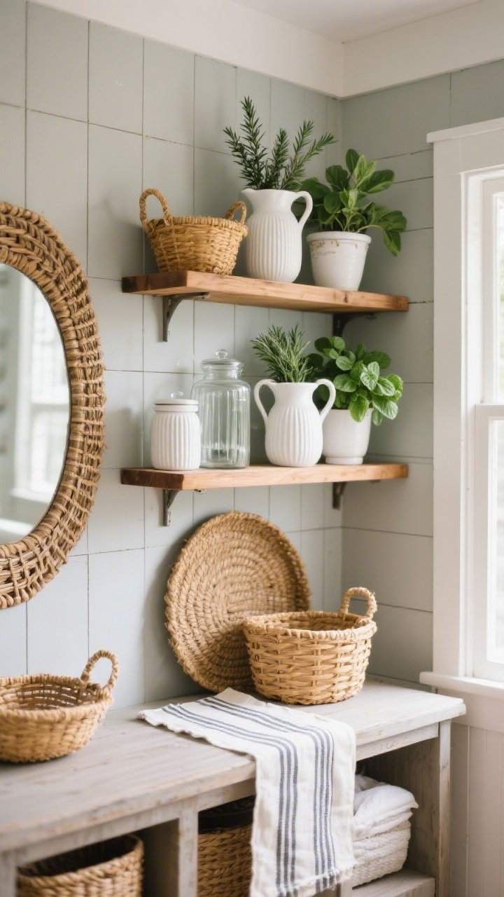 Photorealistic detail/medium shot of fresh farmhouse shelving: a soft greige shiplap backdrop with two rows of warm oak floating shelves; styled clusters featuring white pitchers, ribbed glass canisters catching light, and a mix of woven baskets in honey and straw tones; potted herbs—rosemary, basil, mint—in matte white crocks tucked among items; below, a console with a striped cotton runner; a rattan mirror on the wall reflecting light; textures of shiplap, rattan, ribbed glass, and cotton highlighted; natural daylight from the side, slight corner angle.