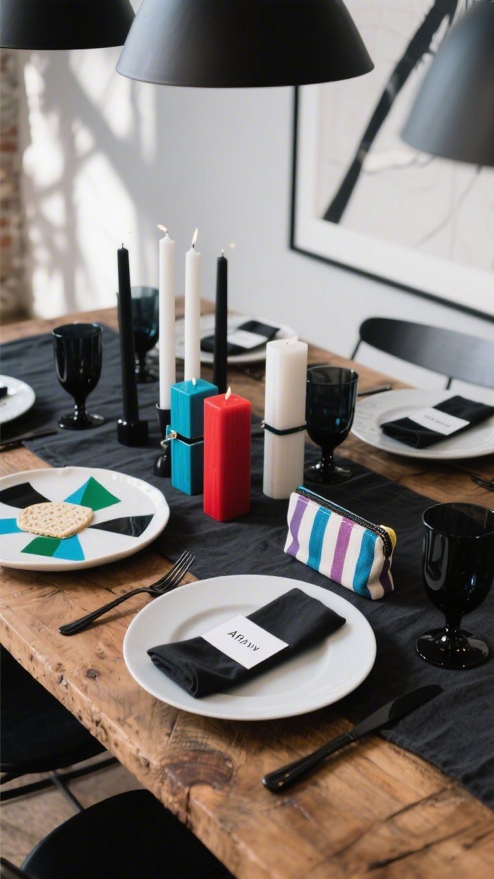 Photorealistic detail/overhead shot of a Contemporary Art Loft place setting: black or charcoal linen runner on bare wood; matte white plates with sharp lines; blackened steel flatware; graphic place card with abstract shapes and clean typography; lacquered napkin ring blocks in cobalt, emerald, and crimson; chunky pillar candles in staggered heights—black, white, and one bold accent hue—arranged nearby; angular stemless glassware; porcelain Seder plate with painted geometric sections partially in frame; a playful canvas zip pouch with hand-painted stripes for the Afikoman; moody gallery-like lighting with crisp shadows; modern, graphic mood; no people.