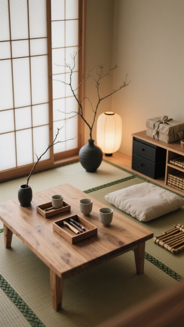 Photorealistic detail/overhead shot of a Minimalist Japanese-Inspired Retreat: low ash wood table on a tatami mat beside a softly glowing shoji screen; bento-style trays with neatly arranged tools, ceramic cups with ridged textures; a single branch in a simple vase; floor cushion (zabuton) nearby, paper lantern glow; storage hints of cloth-wrapped boxes (furoshiki), slim drawers, bamboo trays; palette of warm wood, ecru, ink black, moss; quiet, meditative mood.