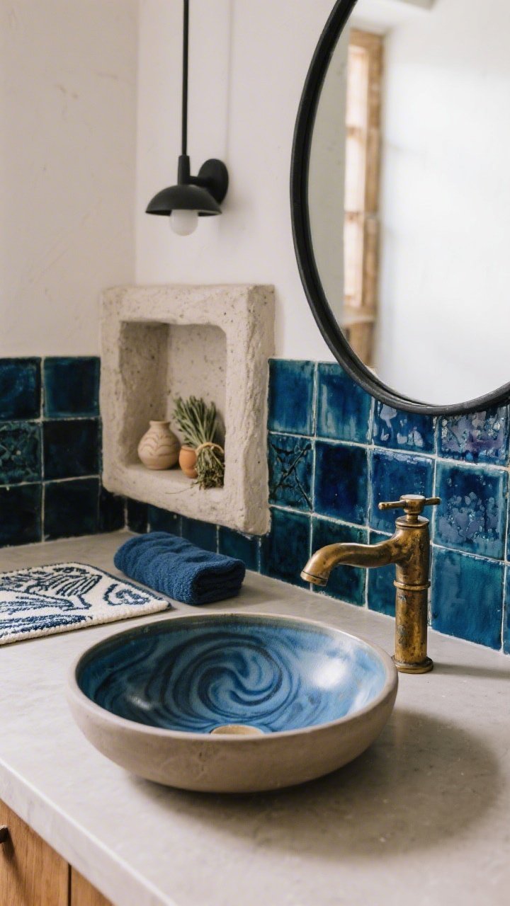 Photorealistic detail shot, Artisan Clay & Indigo Studio: closeup of matte mushroom, clay-inspired vanity surface with an oval porcelain basin brushed in swirling indigo; edge of a thin black-framed pill-shaped mirror reflected softly; backdrop hints of deep indigo zellige tiles with varied, shimmery glaze; warm, unlacquered brass faucet and hardware beginning to patina; chunky plaster niche displaying small hand-thrown ceramics and a bundle of sage; indigo-dyed towel and block-printed bath mat texture in frame; gentle gallery-like lighting that highlights craftsmanship.