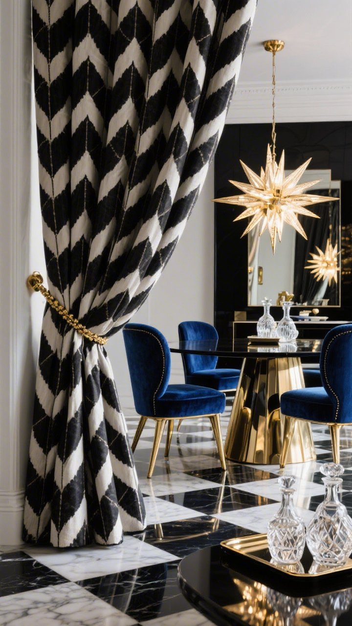 Photorealistic detail shot from a low angle capturing Art-Deco edge: black-and-ivory geometric jacquard curtain with sharp pleat and long, elegant drop on a polished brass rod; reflections from a starburst chandelier create highlights; in the background, a high-gloss lacquered dining table and cantilevered brass chairs upholstered in inky blue velvet; checkerboard marble floor pattern partially visible; mirrored tray with cut crystal decanters catching light; palette of black, ivory, brass, and inky blue; dramatic, glamorous lighting, no people