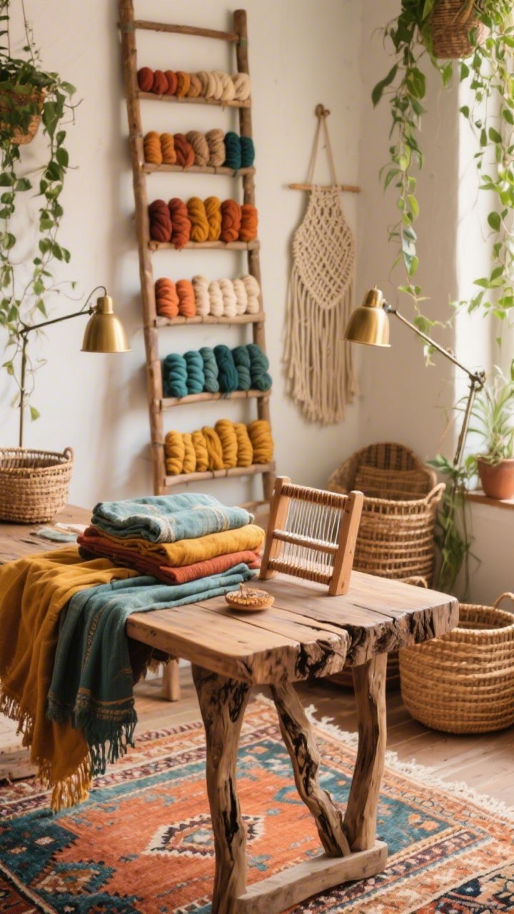 Photorealistic detail shot of a Boho Textile Haven: close view of a live-edge wood table draped with folded fabrics and a small loom; open wall ladders behind displaying yarn skeins arranged by tone; Moroccan rugs layered underfoot; rattan baskets and macramé hangers nearby; brass task lamps and trailing plants softening corners; palette of terracotta, mustard, teal, natural fiber; warm, tactile textures in soft ambient light.
