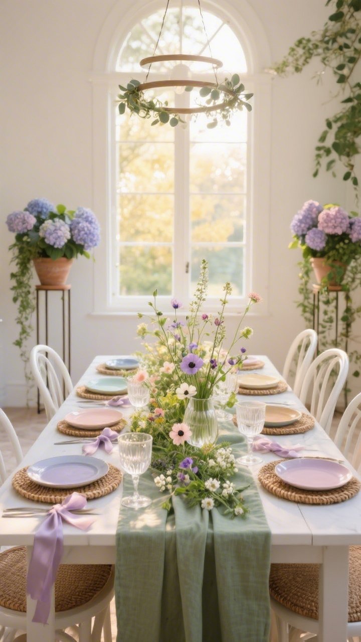 Photorealistic dining scene, medium-wide shot near the brightest window with gentle golden-hour light: slim rectangular dining table draped with a sage linen runner, mismatched pastel plates set on rattan chargers; white bentwood chairs each tied with silk ribbons in blush and lilac; ends of the backdrop framed by two slim plant stands holding cascading trailing ivy and potted hydrangeas; center of the table features a low meadow of wildflowers—anemones, sweet peas, waxflower—in bud vases; etched coupes catching glints for sparkling bokeh; above, a simple hoop chandelier wrapped with eucalyptus; fresh, elegant conservatory vibe.