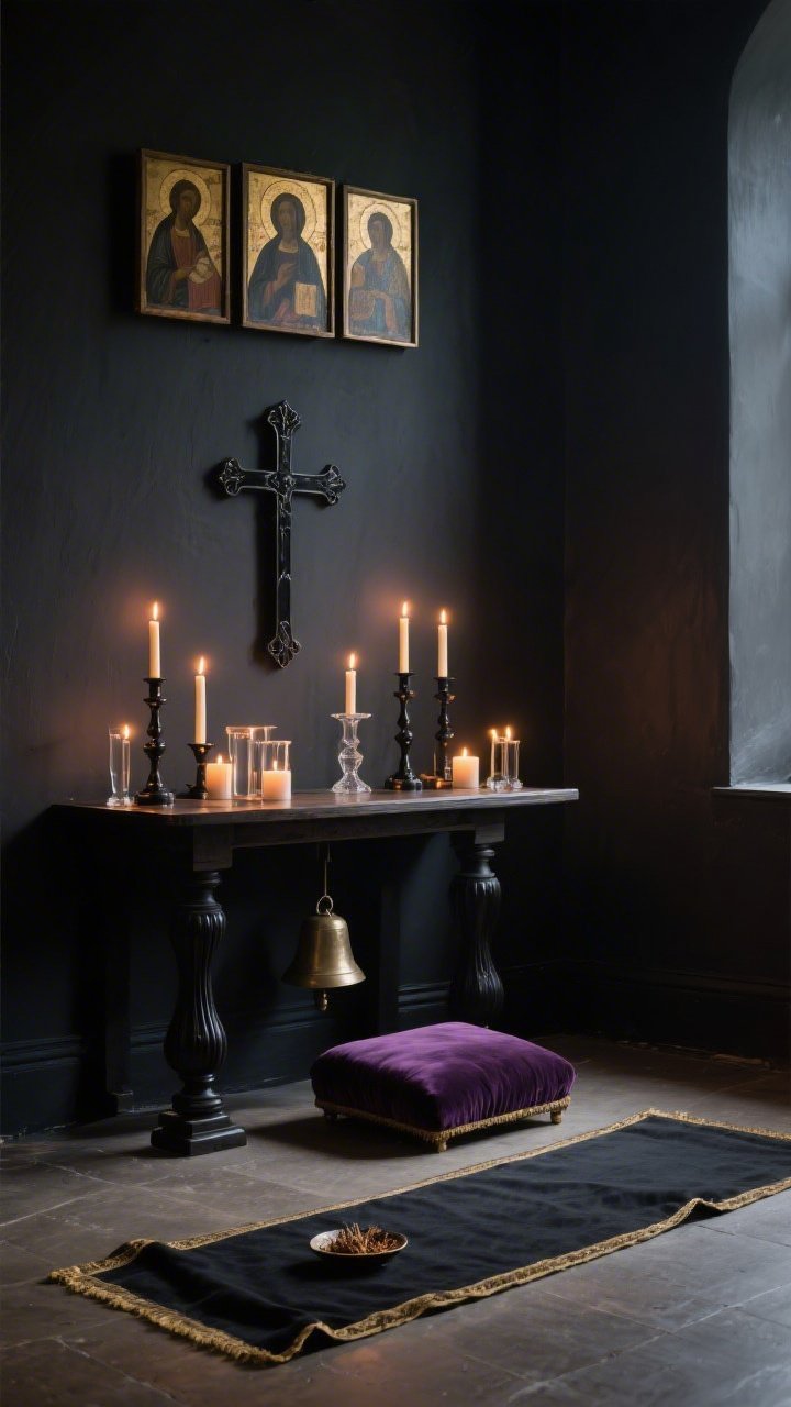 Photorealistic dramatic corner medium shot of a candlelit chapel nook against a charcoal or midnight-painted wall; dark-stained pedestal table or altar console; layered candles at multiple heights—votives, pillars, and tapers in matte black and clear glass—creating intense warm glow; a centered metal or ebony cross; a triptych icon or framed sacred art hung just above; a velvet kneeler cushion in plum on the floor; a small gong or bell placed neatly; charcoal linen runner with a narrow gold edge; optional tiny dish of resinous frankincense; cinematic, reverent low-light atmosphere, no people.
