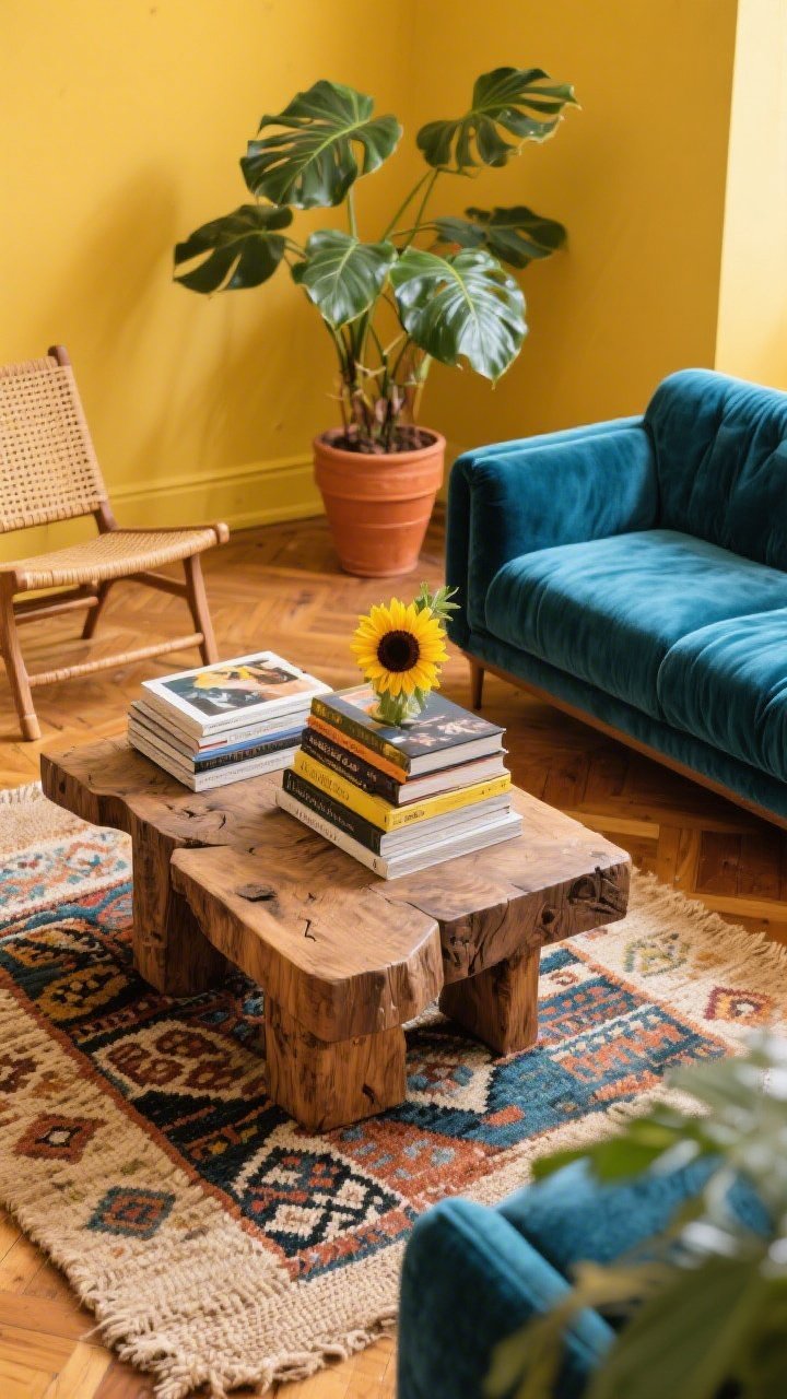 Photorealistic layered detail shot, overhead: a chunky brutalist wood coffee table styled with stacked art books, beside a layered rug moment—a patterned kilim over a natural jute. Edge of a peacock-blue velvet sofa enters frame; surrounding floor shows honey-stained wood. A rattan lounge chair leg and a big leafy plant in a terracotta pot peek in. Sunflower yellow wall glow reflects warmly across the scene, maximalist and collected, no people.