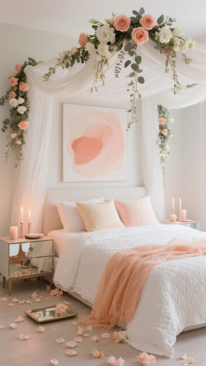 Photorealistic medium bedroom scene with a romantic, dreamy mood in soft diffused lighting: white canopy draped from the ceiling, woven with a garland of peach roses, white lisianthus, and eucalyptus, with trailing strands softening the frame; bed dressed in a white quilted coverlet, euro shams in peach and cream, and a gauzy apricot throw folded at the end; mirrored nightstand trays holding taper candles in pastel holders; one large abstract wall art print in coral and blush above or beside the bed; a light scattering of faux petals on the floor for whimsical close-ups; serene spring palette with matte textiles and gentle candle sheen.