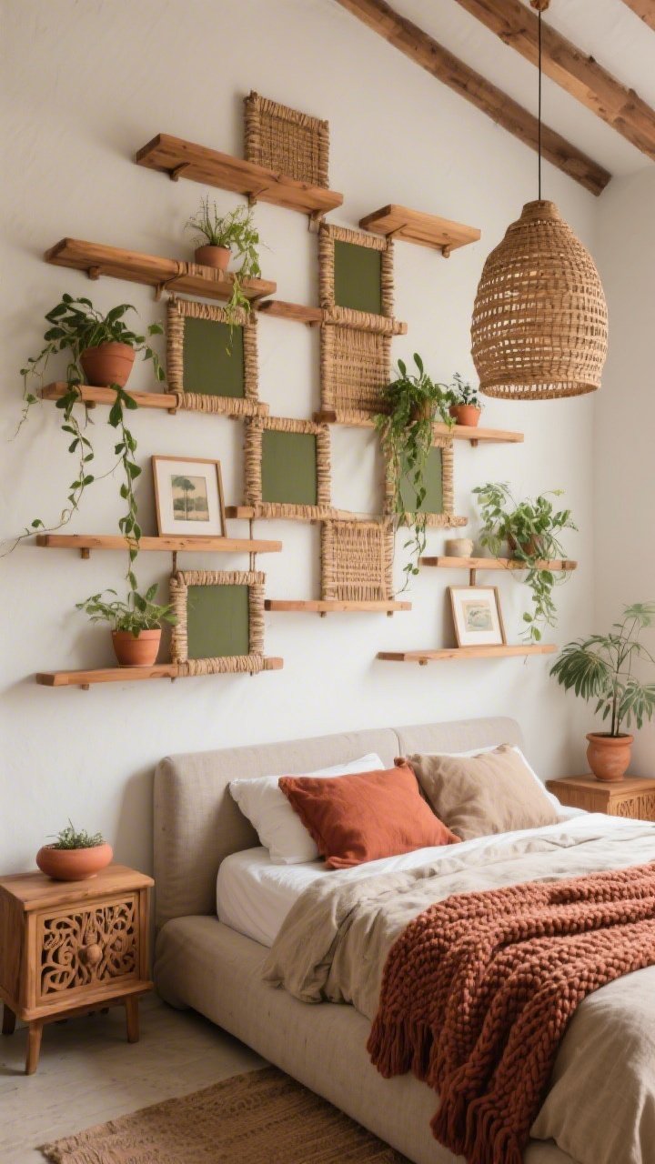 Photorealistic medium bedroom wall feature, boho: large asymmetrical mango wood grid climbing the wall above a low upholstered bed; shelves of varying lengths woven into the pattern, some squares intentionally left empty; trailing plants in ceramic pots, small framed prints leaning into negative space; bed linens stone-washed in rust and sand with a chunky knit throw at the foot; woven pendant overhead and carved nightstands flanking; palette terracotta, sand, mango wood, olive green; angled perspective to show rhythm of long-short shelves.