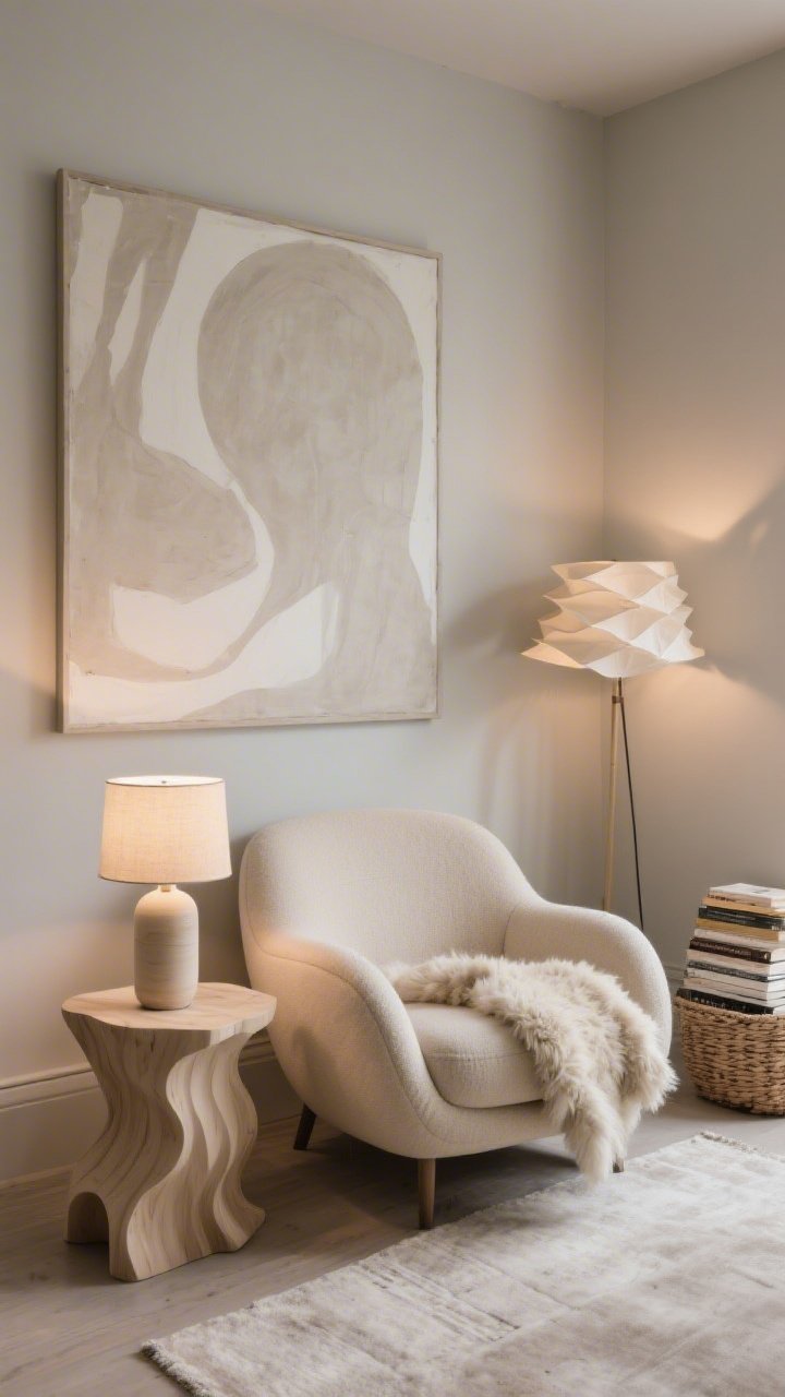 Photorealistic medium corner angle of a cozy reading nook with sculptural silhouettes: a curved, low-slung lounge chair upholstered in oatmeal fabric; a wave-edged bleached-wood side table beside it; a cylinder ceramic lamp with a parchment shade on the table; a plush sheepskin throw draped over the chair; behind, a large abstract neutral art piece leaning against the wall; a paper floor lamp tucked to the side for warm evening glow; woven basket on the floor stacked with books; palette of oatmeal, chalk, and warm gray; soft, warm ambient lighting.
