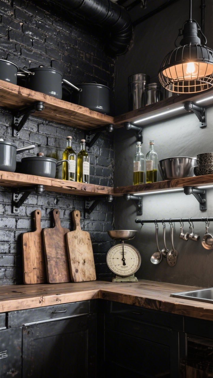 Photorealistic medium corner angle of industrial loft shelves: black steel pipe brackets supporting thick reclaimed walnut planks, backed by charcoal brick for heavy texture; styled with enamelware, matte charcoal cookware, and clear bottles of olive oil and balsamic arranged like a back bar; a vintage scale and several aged cutting boards stood upright for height; mixed metals—blackened steel, pewter, brushed nickel—visible in accents; task lighting from a caged pendant and under-shelf strip LEDs creating dramatic highlights and shadows; bold, hardworking mood