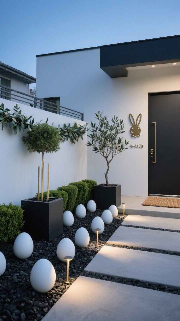 Photorealistic medium, corner-angle shot of a modern minimalist egg-scape at a front entry during blue hour: black, white, and sage color scheme; oversized matte eggs in monochrome finishes arranged along black gravel beds; cube planters with clipped boxwoods and a single sculptural olive tree; slim metal address plaque mounted near a sleek door; thin brass bunny outline stakes subtly placed among plantings; a single eucalyptus garland draped across the top rail; simple coir mat; low ground-level path lights casting focused beams that spotlight each egg and create crisp shadows.