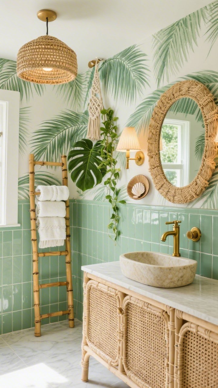 Photorealistic medium corner angle, Tropical Rattan Retreat: palm-frond wallpaper above sage beadboard; rattan-caned vanity with a creamy stone vessel sink; brushed brass faucet and hardware; bamboo ladder holding rolled towels; glossy jade-green subway tile shower wall catching light; woven pendant and matching sconce shades glowing softly; decor includes monstera and pothos in hanging macramé, shell trinket dish, raffia-framed mirror; palette of sage, jade, straw, and warm brass; bright, vacation-like daylight.