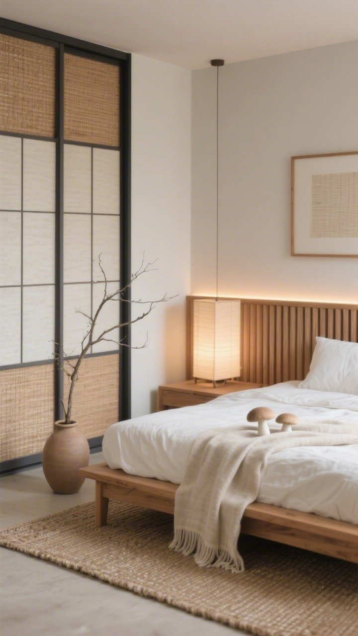 Photorealistic medium corner view of a Japandi Zen Breeze bedroom: low oak bed with a slatted headboard dressed in stonewashed off-white linens and a pale mushroom throw; palette of bone, sand, clay with soft charcoal accents; sliding-door wardrobe with cane panels; materials shown include paper, wood, linen, matte ceramic; shoji-style floor lamp and a warm-glow LED strip softly illuminating the headboard; tatami-inspired woven rug grounding the scene; a single branch in a clay vase and a framed rice paper piece; calm symmetry, serene natural daylight.