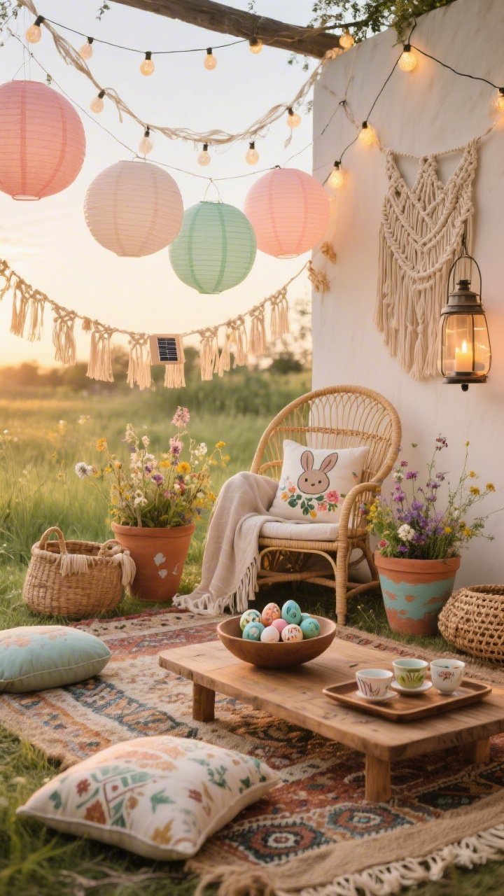 Photorealistic medium, cozy corner composition of a boho meadow hangout nook at golden hour: layered rugs (jute base topped with a patterned outdoor kilim), scattered floor cushions, a low wood table with a shallow bowl of hand-painted eggs; overhead macramé garland and paper lanterns in blush, peach, and mint; painted terracotta pots with wildflower mixes; a rattan egg chair with a light throw and a floral bunny pillow; woven baskets and tassel garlands; solar string lights crisscrossed above and lanterns with flameless candles adding soft ambient light; a tray of tea cups on the table.
