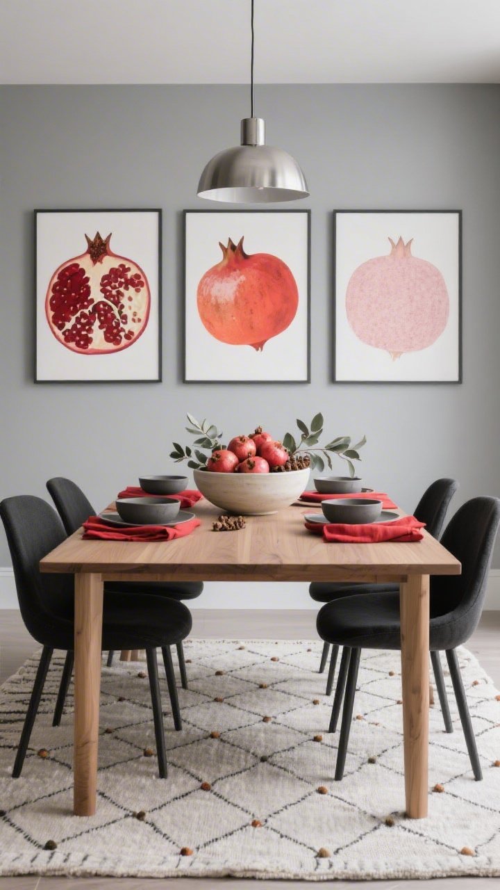 Photorealistic medium dining room shot, graphic and modern: soft gray walls, streamlined oak dining table, sleek black chairs. On the wall, a triptych of abstract pomegranate-form prints in crimson, coral, and blush. Underfoot, a flatweave rug with small geometric “seed” motifs. Tableware: matte stoneware in charcoal and cream, paired with scarlet linen napkins for a punch of color. Centerpiece: a low, wide bowl filled with pomegranates and eucalyptus pods. Overhead, a brushed nickel pendant providing cool, even lighting. Surfaces uncluttered so patterns stand out; crisp, editorial feel. No people.