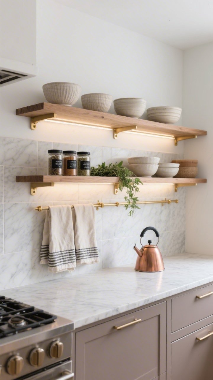 Photorealistic medium kitchen scene: minimalist setup with slim white-oiled oak shelves mounted on an adjustable rail system with slim brass pegs over pale greige tile backsplash; flat-front lower cabinets in mushroom taupe, honed marble counters; intentional display of ceramic mixing bowls, linen tea towels, a neat line of spice jars with black labels, trailing herbs, warm copper kettle; under-shelf LED strips on for a cozy evening glow; palette white, oak, taupe, soft stone; straight-on perspective focusing on rail modularity.