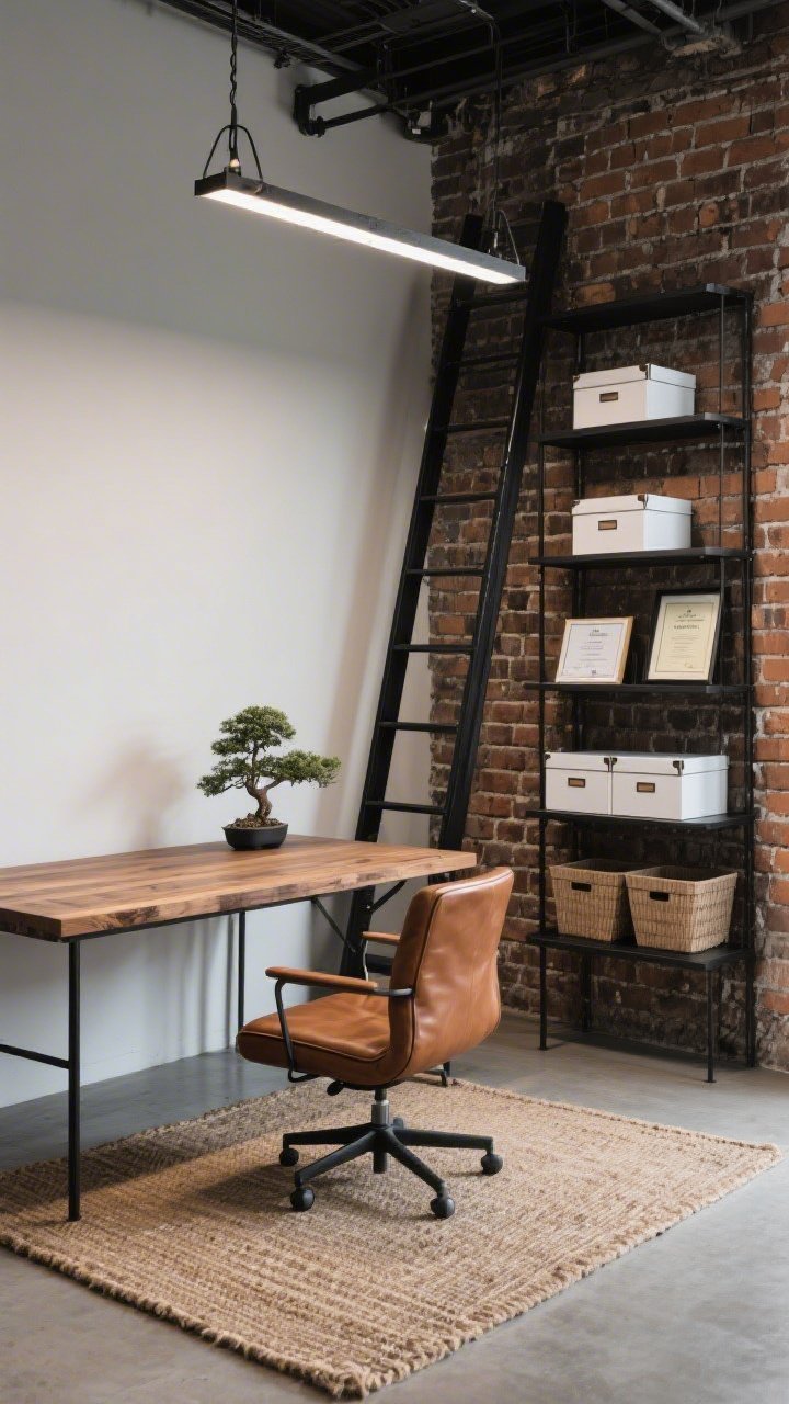 Photorealistic medium office vignette, industrial loft: tall blackened ash ladder shelves leaning against an exposed brick wall, matte black finish; reclaimed wood desk centered on a jute rug, caramel leather swivel chair; shelves organized with matte white storage boxes, a few framed certificates, a single bonsai for balance; overhead linear iron pendant casting crisp illumination; palette brick, black ash, caramel, iron; three-quarter angle showing functional tiers—bins on bottom, display at eye level.