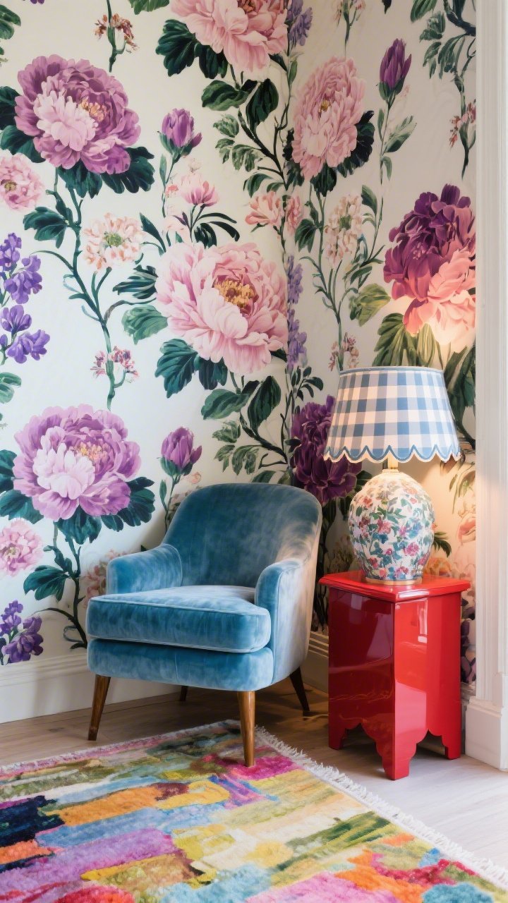 Photorealistic medium reading corner with a blooming maximalist wall: large-scale floral wallpaper with inky outlines in peony pinks, hyacinth purple, and leaf green on a soft ivory base; a periwinkle velvet accent chair anchors the scene beside a cherry-red lacquered side table; a scalloped gingham lampshade atop a lamp adds pattern-on-pattern; on the floor, a painterly rug that picks up select hues ties it together; vibrant yet cohesive color palette; soft warm lamp glow plus natural light; rich textures of velvet, lacquer, and cotton gingham rendered clearly; no people.