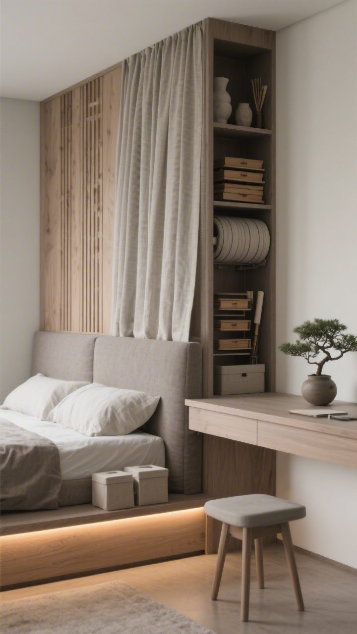 Photorealistic medium shot at a slight side angle of a Japandi minimalist wall bed combo: taupe-griege wall-bed façade with vertical oak slats, a soft linen curtain partially drawn to conceal the setup. The narrow craft spine in the side bay is open, revealing a tambour door rolled up to stacked trays and brush rolls. A slim pull-out workshelf extended slightly with a low-profile stool tucked beneath; warm LED strip with diffuser channel glowing under the shelf. Matte ceramics, a single bonsai, and neutral fabric boxes complete the calm, restrained scene.