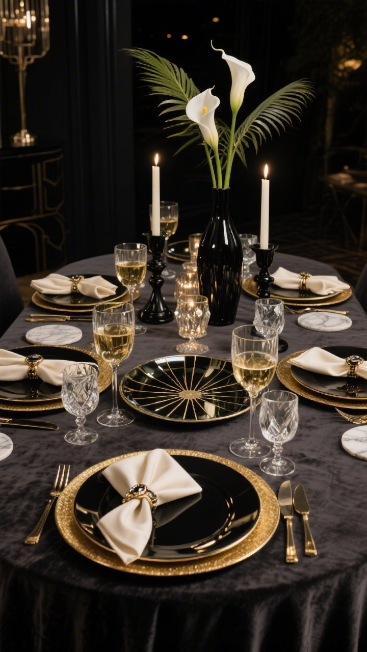 Photorealistic medium shot at night of a Glam Art Deco Night Seder table with dramatic, moody lighting: charcoal velvet tablecloth, champagne-gold chargers, glossy black plates with fine gold rims, marble coasters for wine. Mirrored-glass Seder plate with etched geometric rays centered. Tall black vases holding white calla lilies and palm fronds; ivory satin napkins folded into sleek fans with art deco rings. Cut-crystal coupes for wine, faceted tumblers for water, low crystal votives and black candlesticks adding sparkle. Cinematic, Gatsby-worthy glamour, reflections and highlights emphasized, no people.