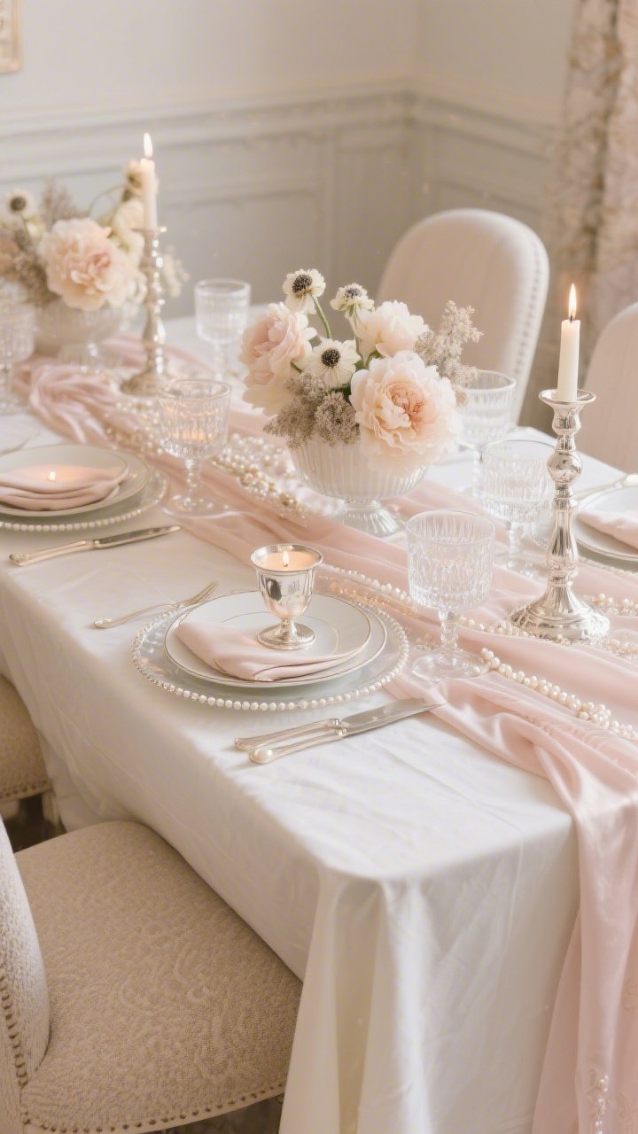 Photorealistic medium shot capturing pearly neutrals and soft romance in gentle candlelit ambiance; ivory sateen tablecloth with a blush chiffon runner that puddles at the edges; upholstered dining chairs in oatmeal/boucle; mother-of-pearl or polished silver candlesticks shimmering subtly; satin or silk-blend challah cover with delicate beadwork/pearly embroidery; low arrangements of pale peonies, anemones, and dusty miller in a milky glass compote; bone china with subtle rim, pearl-handled flatware, etched glass goblets, blush linen napkins; a silver kiddush cup resting on a glass charger reflecting candlelight like water; straight-on view emphasizing luminous layering.