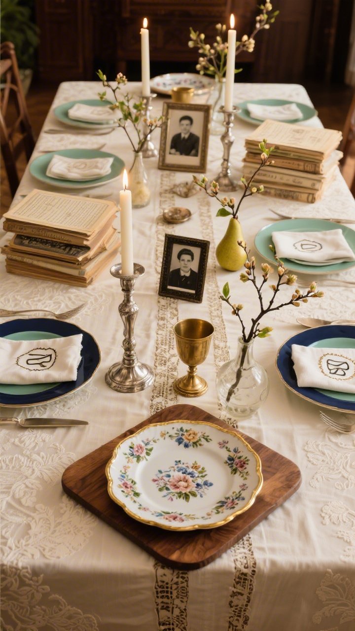 Photorealistic medium shot focusing on “Heritage Heirlooms, Modern Mix”: cream vintage damask cloth, place settings that mix grandma’s floral dishes with solid jade or navy modern salad plates, embroidered napkins each with different monograms. A ribbon of heirlooms down the center—old silver candlesticks lit, a brass kiddush cup, small framed black-and-white family photos—interspersed with fresh spring branches (pear or cherry) in bud vases adding height. Stacks of vintage Haggadot incorporated as decor. Classic porcelain Seder plate with gold rims resting on a walnut board. Warm, rooted, romantic mood with soft evening light, straight-on perspective.