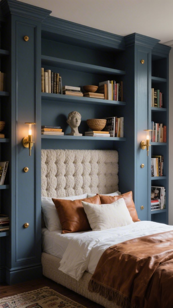 Photorealistic medium shot from a corner angle focusing on a built-in book nook framing the headboard: floor-to-ceiling custom built-ins painted moody blue-gray with brass knob accents; overhead shelf bridge and vertical towers on each side; a padded boucle or faux suede headboard alcove nestled in the center; shelves styled with books, a small stone bust, woven bowls, and neatly stacked magazines; integrated brass sconce lights in the side shelves casting a soft bedtime glow; hints of a vintage rug and layered pillows in cinnamon leather and ivory; boutique-library, cozy cocoon vibe; warm evening lighting; no people.
