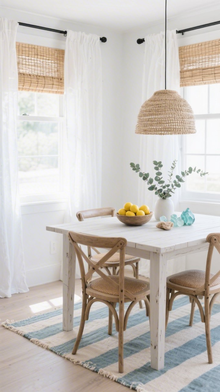 Photorealistic medium shot from a corner angle of a coastal modern dining space: whispery white sheers gently diffusing natural daylight with woven bamboo shades underneath for texture; simple matte black rod above the window; a whitewashed oak table with low-slung wishbone chairs, a woven pendant overhead; striped cotton rug on the floor, sea-glass accessories on the table, a bowl of lemons and a sprig of eucalyptus adding fresh coastal pops; palette of white, sand, driftwood, and soft blue; bright, airy, relaxed vibe, no people