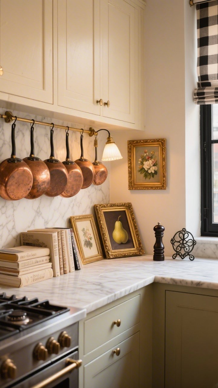 Photorealistic medium shot from a corner angle of a Parisian bistro-inspired kitchen scene focusing on the space above creamy cabinets with a warm marble (or marble-look) countertop. On top: a row of vintage copper cookware with rich patina, stacks of linen-bound cookbooks, and petite oil paintings in gilded frames (pear and floral still lifes) leaning casually against the wall. Clip-on library lights/mini picture lights illuminate the artworks with a cozy glow. In the peripheral background, a window shows a checked café curtain; subtle black accents like a pepper mill and wrought-iron trivet ground the palette. Color story: cream, caramel, antique gold, espresso. Warm, intimate café ambiance.