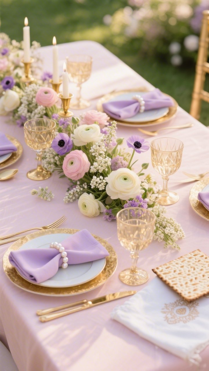 Photorealistic medium shot from a gentle side angle of a gilded garden glam spring table: a pale blush tablecloth, gilded rim dinnerware, and champagne-gold flatware. Dusty lilac napkins are tucked into pearl-bead napkin rings. A low floral meadow centerpiece winds through the middle—ranunculus, anemones, and waxflower in blush, buttercream, and lavender—interspersed with petite gold candlesticks. A sleek gold-trimmed Kiddush cup glints nearby, and an ivory linen matzah cover with delicate embroidery rests at one end. Faceted coupe glasses catch the light. Palette: blush, lilac, buttercream, champagne gold. Soft daylight with gentle bokeh; no people.