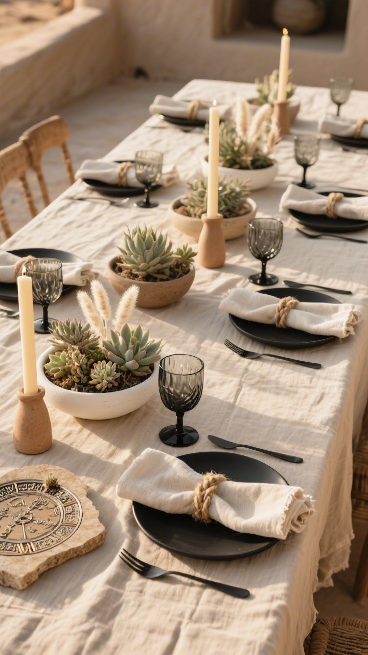 Photorealistic medium shot from a low, side angle of a Modern Desert Minimalism Passover table at golden hour, featuring a long raw-edge linen tablecloth in sand/ecru, slim matte-black chargers framing warm white stoneware plates, rippled glass goblets, and narrow black flatware. A low travertine slab holds the Seder plate. Centerpiece clusters: low, wide bowls filled with succulents and bleached bunny tails. Flax linen napkins folded long over each plate, secured with braided jute. Asymmetrically staggered tapered candles in clay holders at uneven heights. Textures emphasized: coarse linen, raw ceramics, matte metals; serene, sun-drenched mood, no people.