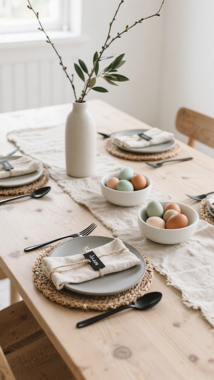 Photorealistic medium shot from a side angle of a Scandinavian-inspired light-wood table with a raw linen runner: stoneware plates in oatmeal and dove gray on round seagrass placemats; black matte flatware; down the center, white ceramic bowls filled with dyed eggs in earthy tones—clay, sage, sand; a tall minimal vase holding olive or willow branches; linen napkins tied with simple twine and small black-ink name tags; open, airy ambiance with natural daylight; no people.