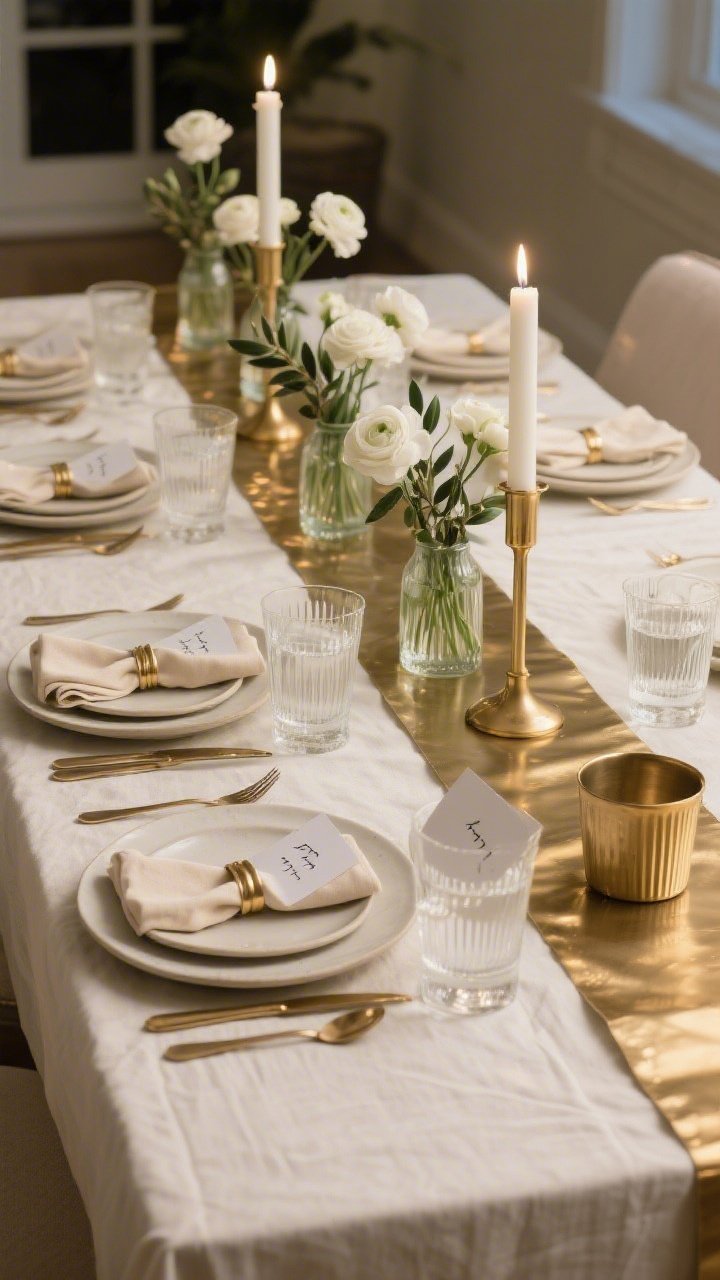 Photorealistic medium shot from a slight corner angle of a serene holiday dining table styled in soft neutrals with brass glow: an oyster linen tablecloth draping to the floor, matte ivory stoneware plates on stoneware chargers, beige linen napkins tucked into brushed brass napkin rings, satin-brass flatware, and ribbed glass water goblets. Down the center, a slim brass runner catches the light under a row of low bud vases filled with white ranunculus and olive sprigs. Tapered brass candlesticks with unscented white tapers flicker warmly, and a minimalist satin-brass Kiddush cup completes the setting. Handwritten place cards in soft gray ink rest at each setting. Palette: ivory, oatmeal, warm brass, whisper olive green. Evening ambient lighting emphasizing brass reflections; no people.
