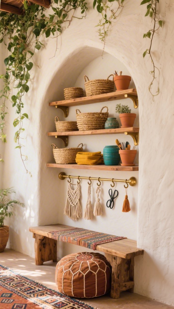 Photorealistic medium shot from a slight side angle of a boho wall niche: stuccoed arched niche framing layered open mango wood shelves with curved edges and brass brackets; supplies stored in woven seagrass baskets and terracotta pots; a brass hanging rail below with S-hooks holding macramé cords, tassels, and scissors; overhead trailing plant wall climbing around the niche; earthy palette of terracotta, turmeric, teal, and natural wood; a low Moroccan pouf tucked under a rustic console and a patterned kilim runner; warm sunlit ambiance, tactile and joyful