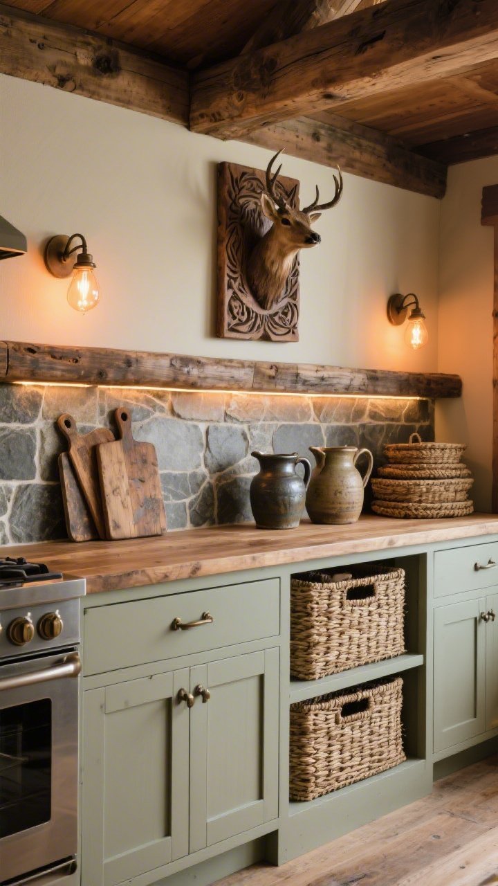 Photorealistic medium shot from a slightly low, angled perspective of a rustic lodge kitchen vignette. Warm greige cabinets, stone-look backsplash, and aged bronze hardware establish a grounded base. A single continuous reclaimed wood ledge spans the cabinets, styled with antique cutting boards of varied patina, vintage crocks, a pair of ironstone pitchers, and a stack of woven seagrass baskets for texture and hidden storage. Include a single carved wood art piece (taxidermy-free) for vertical interest. Warm Edison-style sconces at either end cast amber light; alternatively, a concealed LED strip glows from behind the ledge. Color story: walnut, charcoal, cream, sage. Collected, heirloom warmth.
