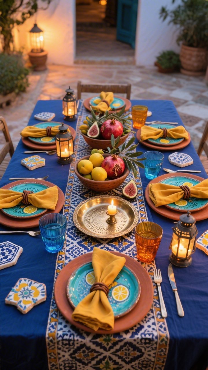 Photorealistic medium shot from above-and-angled perspective of a Mediterranean Courtyard Magic table glowing in warm evening light: deep cobalt tablecloth with a patterned runner inspired by Moroccan zellige/Greek key. Terracotta chargers layered with hand-painted plates in sunny citrus and turquoise; hammered brass Seder plate reflecting candlelight. Centerpiece bowls of lemons, pomegranates, and figs with olive branches. Saffron linen napkins knotted with leather cord, colored tumblers—amber for water, blue for wine—mini lanterns and tile coasters scattered down the center. Festive, fragrant courtyard atmosphere, no people.