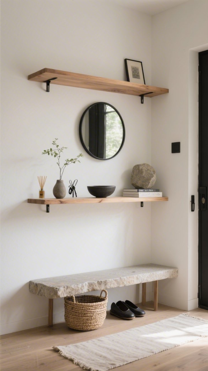 Photorealistic medium shot, Japandi entryway: two long floating elm shelves with a matte pale finish and subtle grain, stacked asymmetrically above a low stone bench against warm white walls; round black metal mirror centered, shallow ceramic bowl for keys, a mini ikebana arrangement, one art book spine-up, a sculptural stone, tiny reed diffuser; woven basket for shoes under the bench, linen runner on the floor; soft natural morning light, hidden brackets for a clean floating effect; palette of soft white, natural elm, and charcoal black accents; straight-on perspective emphasizing calm minimal styling.