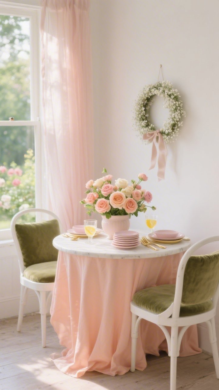 Photorealistic medium shot of a blushing garden breakfast nook in soft morning light: a small round bistro table draped to the floor with peach linen, two white café chairs with sage velvet cushions, sheer blush voile curtain layered over a white wall diffusing sunlight; centerpiece is a low compote bowl overflowing with ranunculus and garden roses in blush, peach, and buttercream sherbet tones; pastel stacked plates, gold flatware, frosted glasses with lemon slices; a simple baby’s breath wreath with silk ribbon hung low at shoulder height on the backdrop; airy, minimal props, soft focus on faces-and-flowers area, pastel palette, matte textures with slight glass shine.