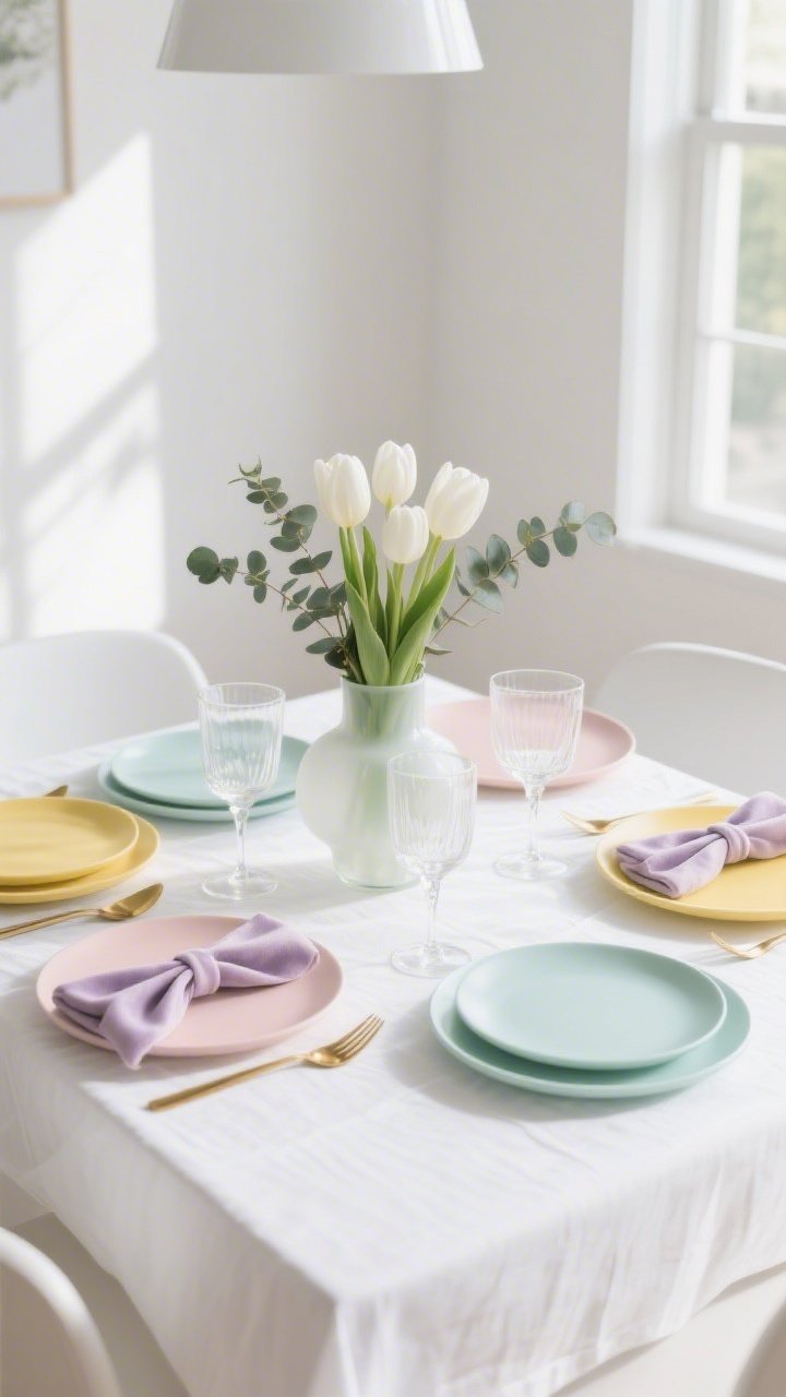 Photorealistic medium shot of a bright, modern dining table set for Easter in abundant natural light: crisp white linen tablecloth, sleek white chargers topped with matte pastel plates in blush, butter yellow, and soft mint; low opaque glass vase with white tulips and eucalyptus centered; clear coupe glasses, brushed gold flatware, and linen napkins tied with thin pale-lavender velvet ribbons; calm, airy minimalism with simple shapes, clean lines, and soft shadows; no people.
