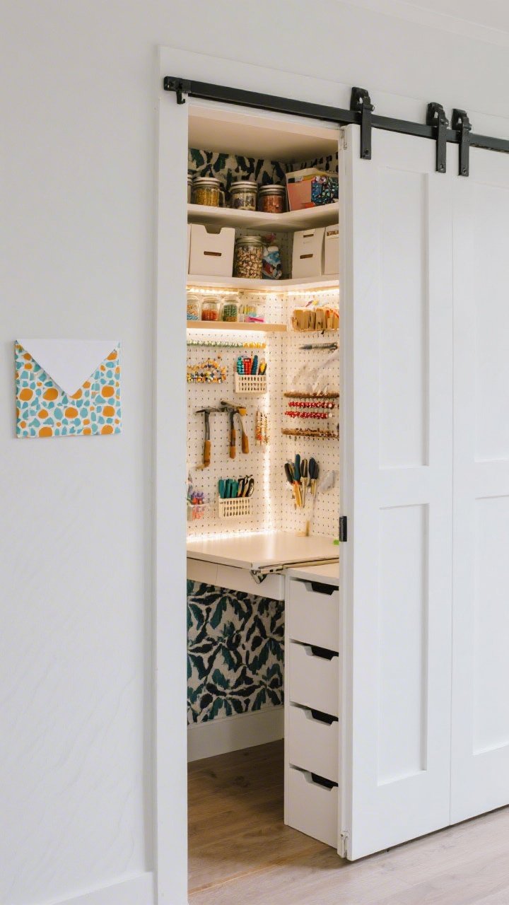Photorealistic medium shot of a Compact Closet-to-Craft Conversion: bi-fold doors open to reveal a fold-down desk, slim pegboard with neatly arranged tools, and stacked cubbies; stick-on LED strips illuminating the interior; magnetic spice rack mounted for beads; back wall dressed in a bold patterned print; over-door pockets, shallow jars, and a file sorter for scraps; bright white envelope with one playful patterned pop; clean, clever micro-space.