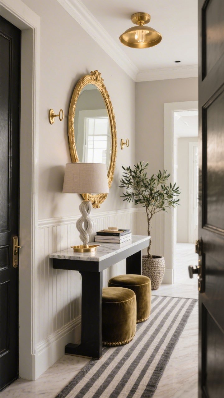 Photorealistic medium shot of a glam-luxe entryway vignette: soft greige walls with peel-and-stick wainscoting or beadboard below a chair rail; striped runner down the hall; narrow black console table with a lower shelf, styled with a marble tray, sculptural lamp with linen shade, and a small stack of books; a large gilded mirror above the console reflecting a statement flush-mount or semi-flush aged brass light; solid brass wall pegs replacing basic hooks; two velvet ottomans tucked neatly beneath the console; a small olive tree in a textured pot adding height; high-contrast, polished mood; straight-on perspective emphasizing symmetry and shine.
