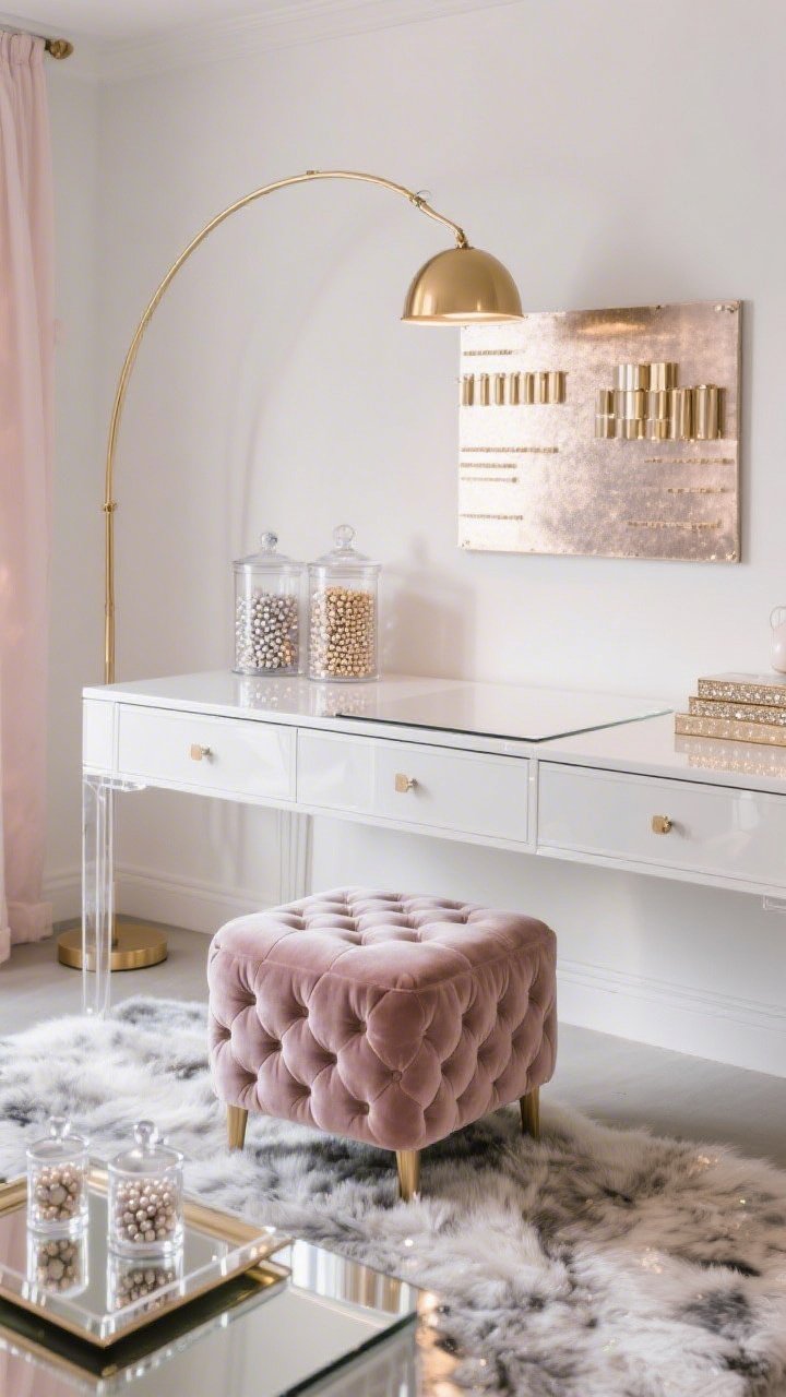Photorealistic medium shot of a Glam Studio With Luxe Shine: glossy white Parsons desk with lucite drawers beneath; gold arc lamp arching overhead; tufted velvet ottoman tucked under; faux fur rug softening the floor; mirrored tray with acrylic risers and a metallic pinboard behind; clear canisters filled with beads doubling as decor; palette of white, blush, gold, smoky gray; sparkling highlights with soft shadows, upscale mood.