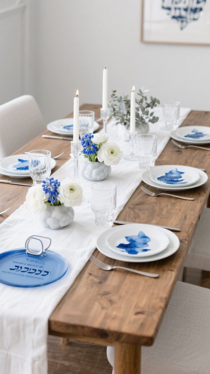 Photorealistic medium shot of a long oak dining table styled in Modern Blue & White Serenity: a crisp white linen runner, matte white dinner plates with indigo watercolor-motif salad plates on top, azure-and-ink napkins tucked into sleek rings, brushed-nickel flatware, etched water glasses, and Lucite place-card holders. Minimal florals as three low, cloudlike arrangements of white ranunculus, blue hyacinths, and silvery eucalyptus spaced along the center. Clear glass candlesticks with slender white tapers create a calm glow. Centered like art: a modern acrylic Seder plate with navy text. Palette of white, cobalt, and soft gray; clean lines; uncluttered composition; side angle at table height.