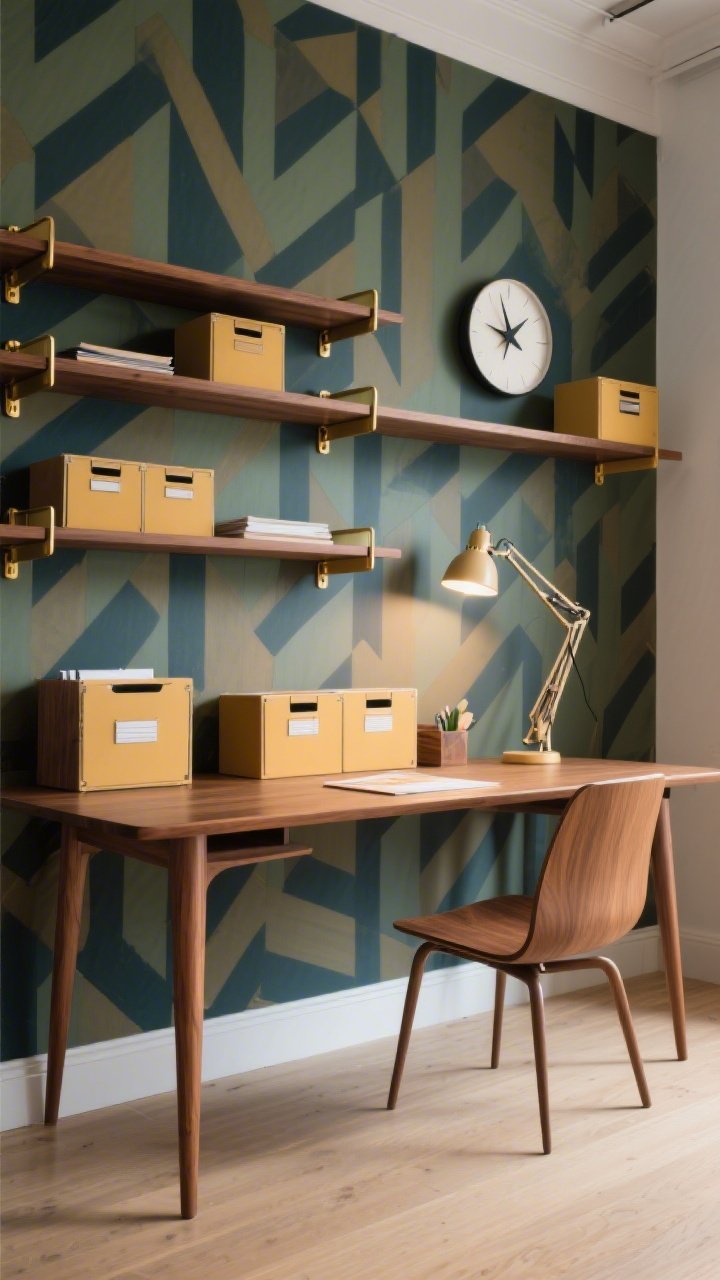 Photorealistic medium shot of a Mid-Century Modern Makerspace: walnut desk with tapered legs as anchor, floating shelves with crisp edges and brass brackets above; muted geometric wallpaper backdrop; a vintage task sconce arcing over the workstation; Eames-style shell chair and starburst clock visible; storage includes modular cubes and record-style crates for paper pads; palette of walnut, olive, ochre, midnight; soft, directional lamp glow.